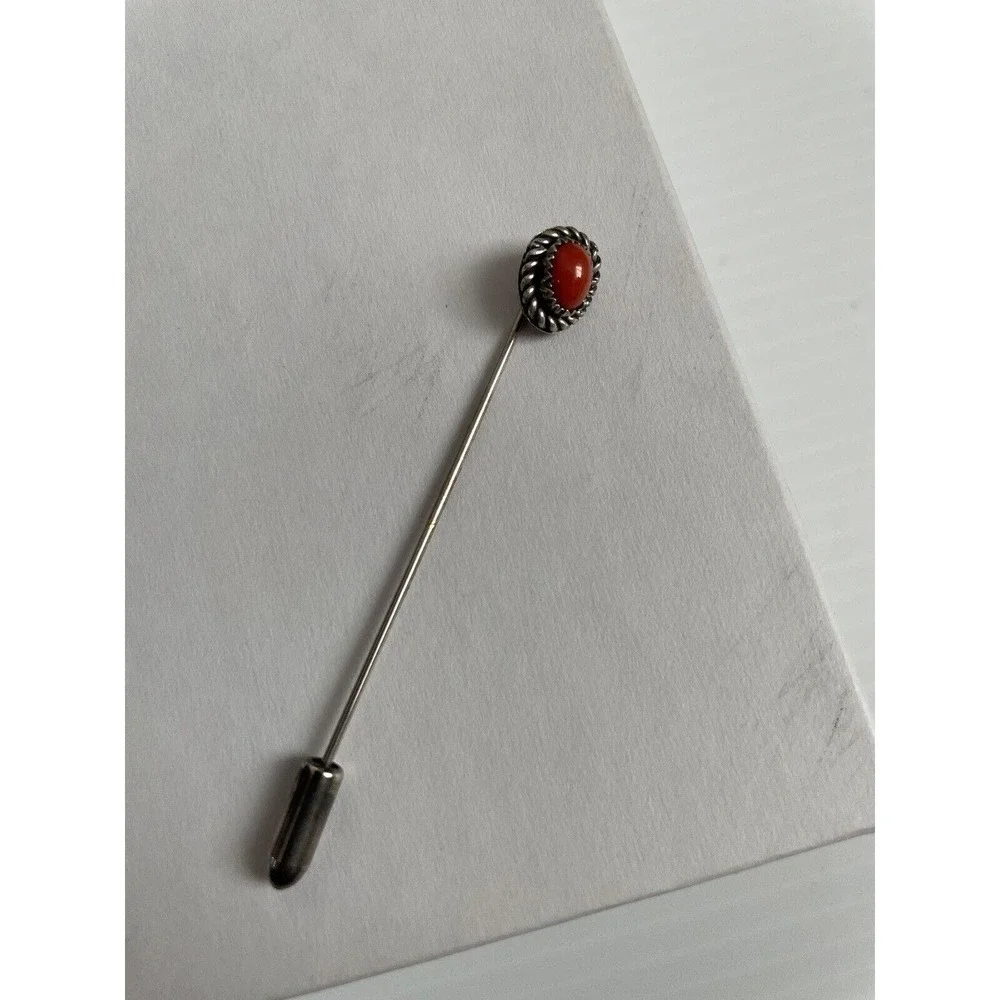 Vintage Sterling Silver Coral Old Pawn Stick Hat Scarf Pin brooch